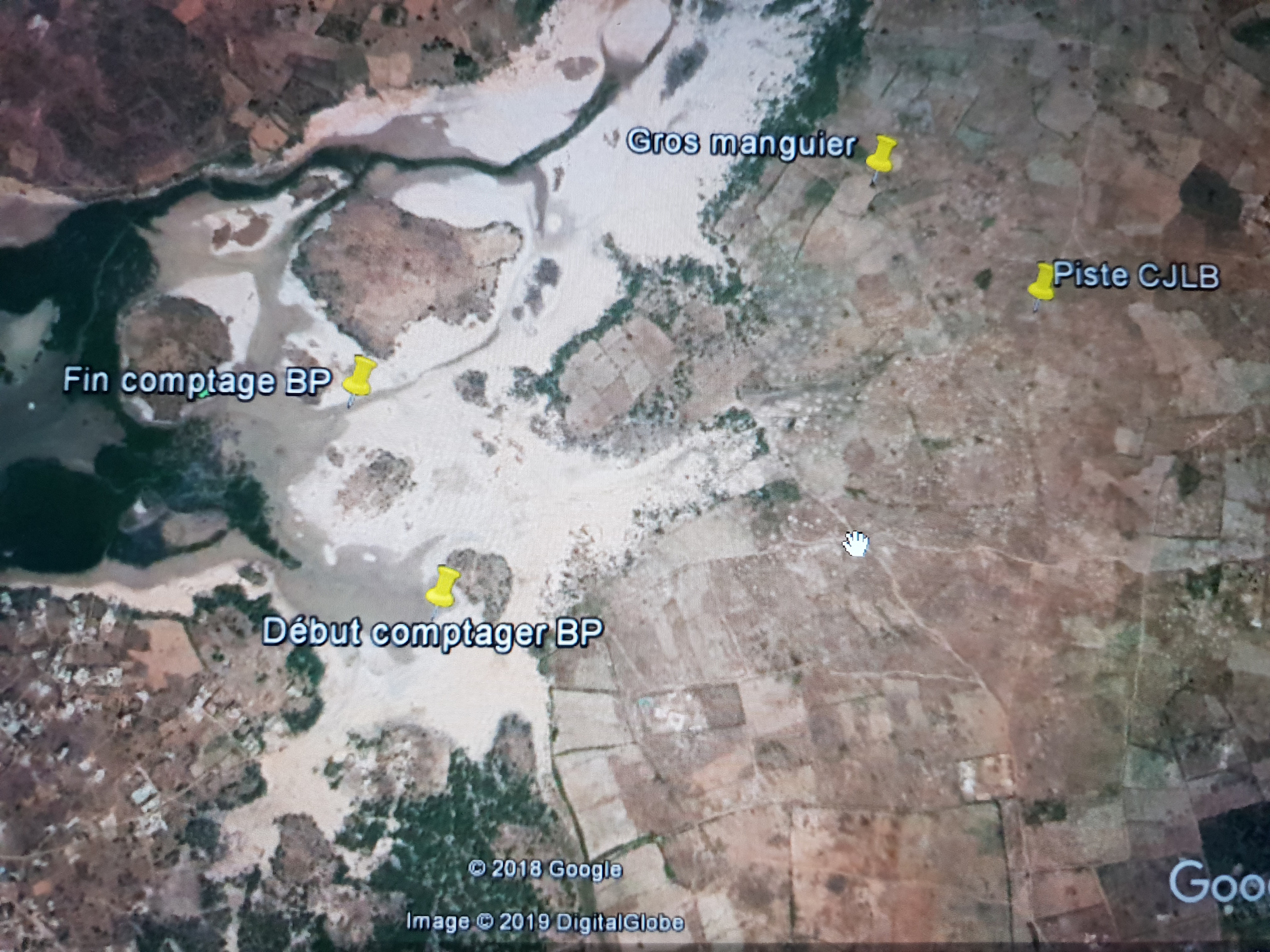 Carte Google de la zone Est de la lagune de La Somone (avec les plots des début et fin de la zone de comptage des Balbuzards Pêcheurs (BP), et de la zone adjacente de la Brousse de Somone